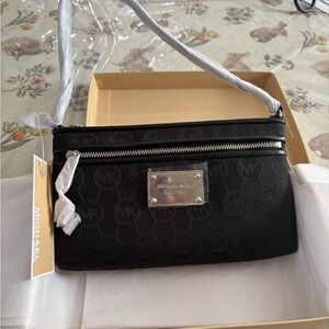 Michael Kors Black Logo Jacquard Crossbody Bag with Silver Hardware